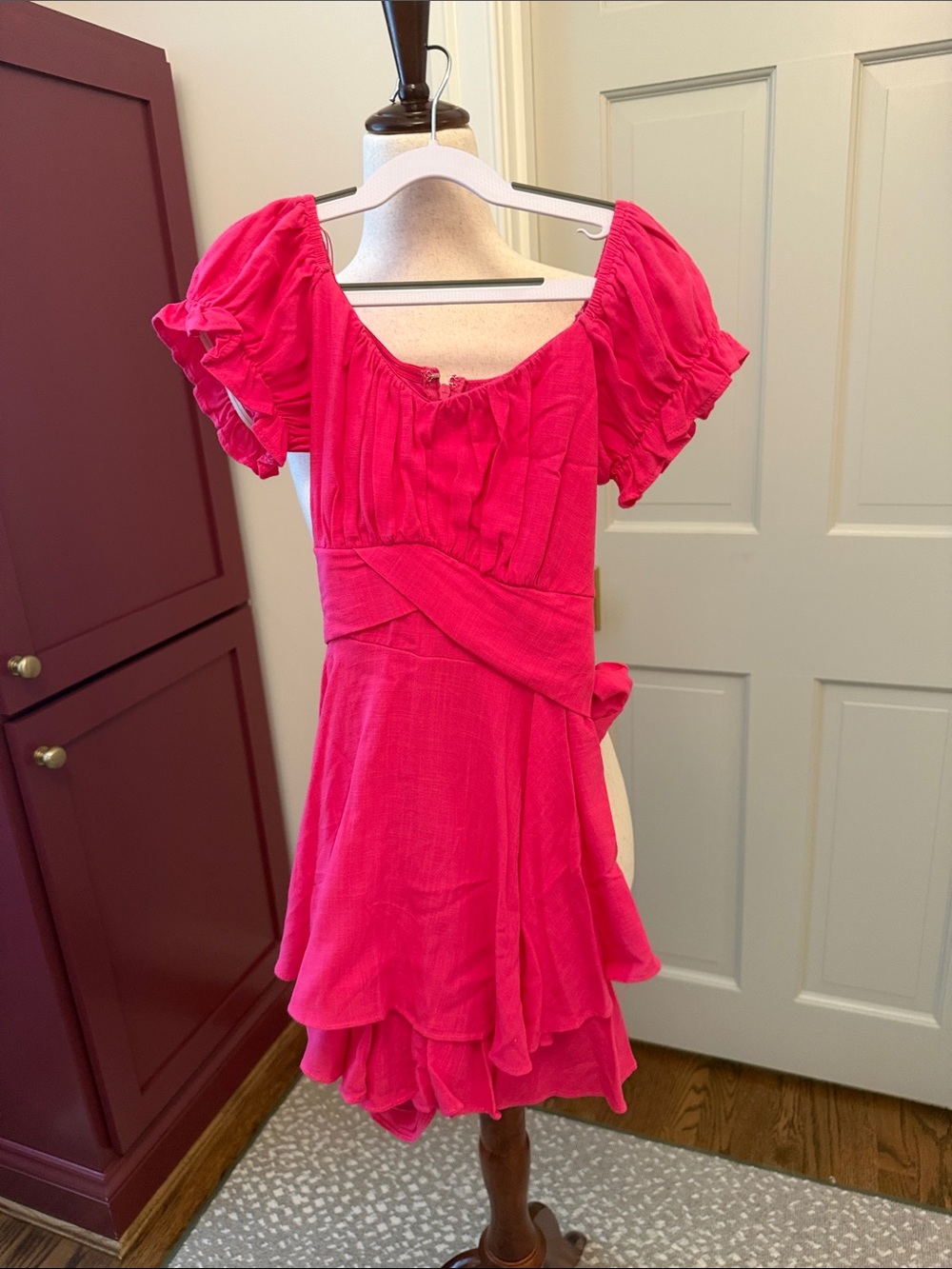 Altar'd State Hot Pink Puff Sleeve Tiered Dress